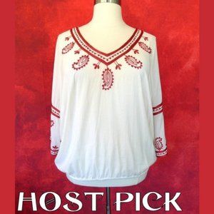 Lucky Brand White Boho Top with Red Embroidery 3X